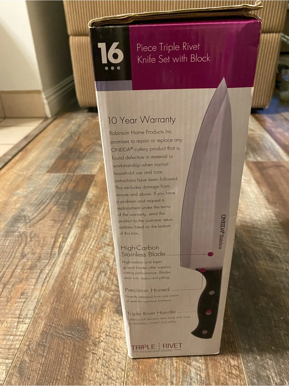 Oneida Knife Set with Black Handles and Wood Block